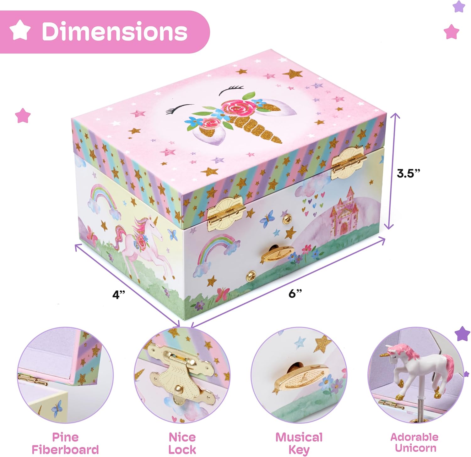Jewelkeeper Girls Musical Jewelry Box - Durable Pine Fiberboard with Violet Lining - Kids Jewelry Box - The Beautiful Dreamer Tune - Gifts for Girls - Unicorn Jewellery Box - 6x4x3.5in - 3