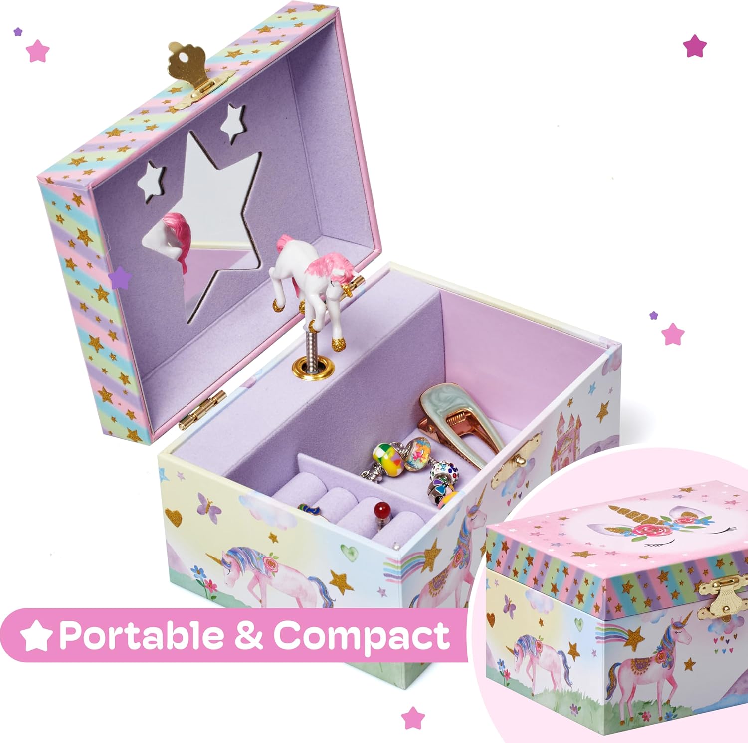 Jewelkeeper Girls Musical Jewelry Box - Durable Pine Fiberboard with Violet Lining - Kids Jewelry Box - The Beautiful Dreamer Tune - Gifts for Girls - Unicorn Jewellery Box - 6x4x3.5in - 6