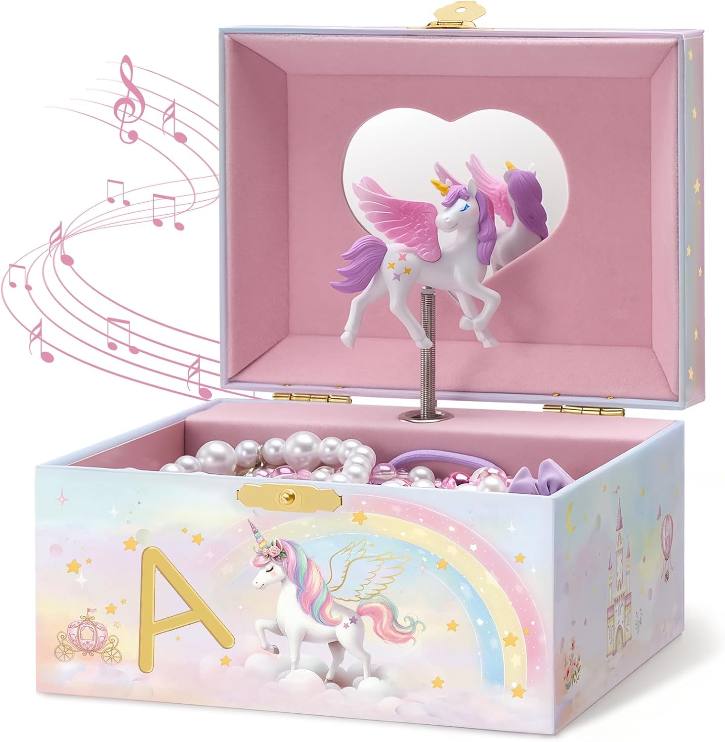 Lolalet Unicorn Jewelry Box for Girls, Kids Initial Musical Jewelry Organizer with Spinning Doll, Personalized Birthday Gifts for Little Girls Children Toddler Ages 3 4 5 6 7 8 - Letter A - 1
