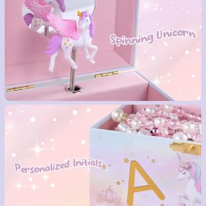 Lolalet Unicorn Jewelry Box for Girls, Kids Initial Musical Jewelry Organizer with Spinning Doll, Personalized Birthday Gifts for Little Girls Children Toddler Ages 3 4 5 6 7 8 - Letter A - 3