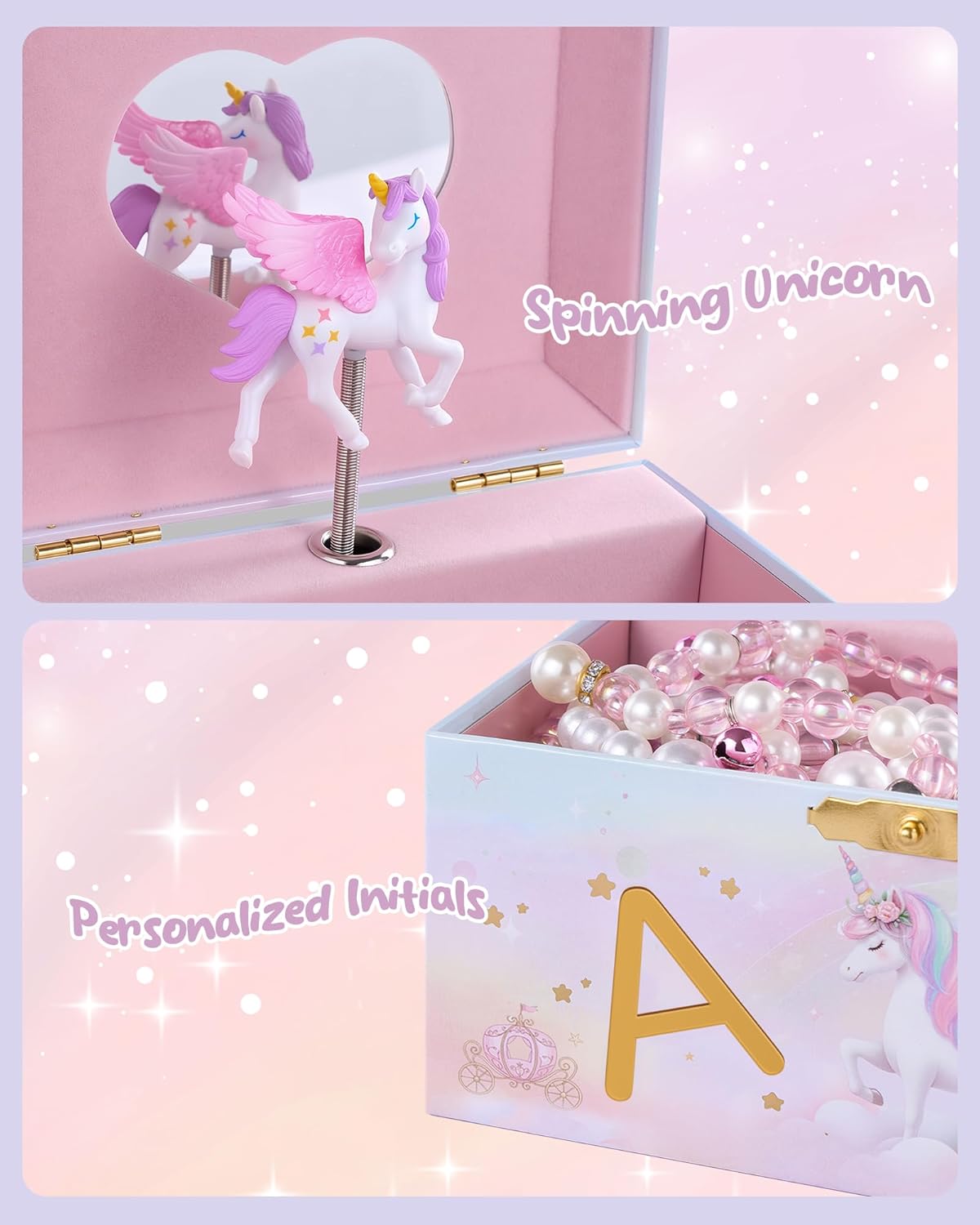 Lolalet Unicorn Jewelry Box for Girls, Kids Initial Musical Jewelry Organizer with Spinning Doll, Personalized Birthday Gifts for Little Girls Children Toddler Ages 3 4 5 6 7 8 - Letter A - 3