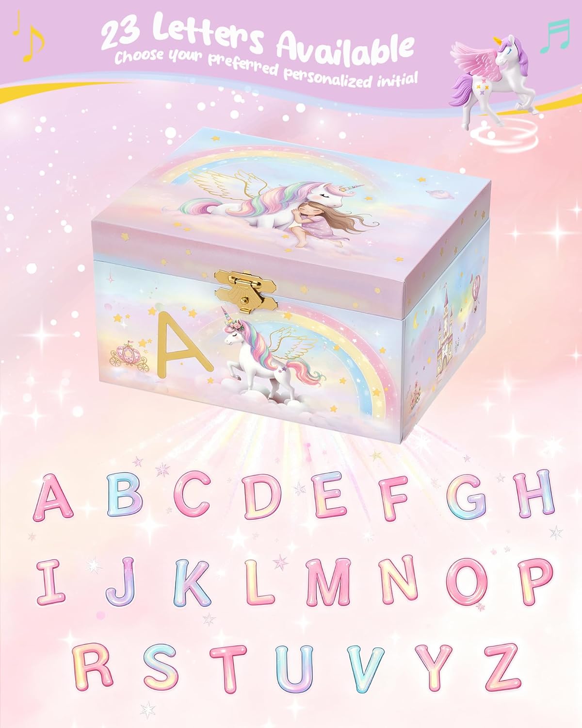 Lolalet Unicorn Jewelry Box for Girls, Kids Initial Musical Jewelry Organizer with Spinning Doll, Personalized Birthday Gifts for Little Girls Children Toddler Ages 3 4 5 6 7 8 - Letter A - 4