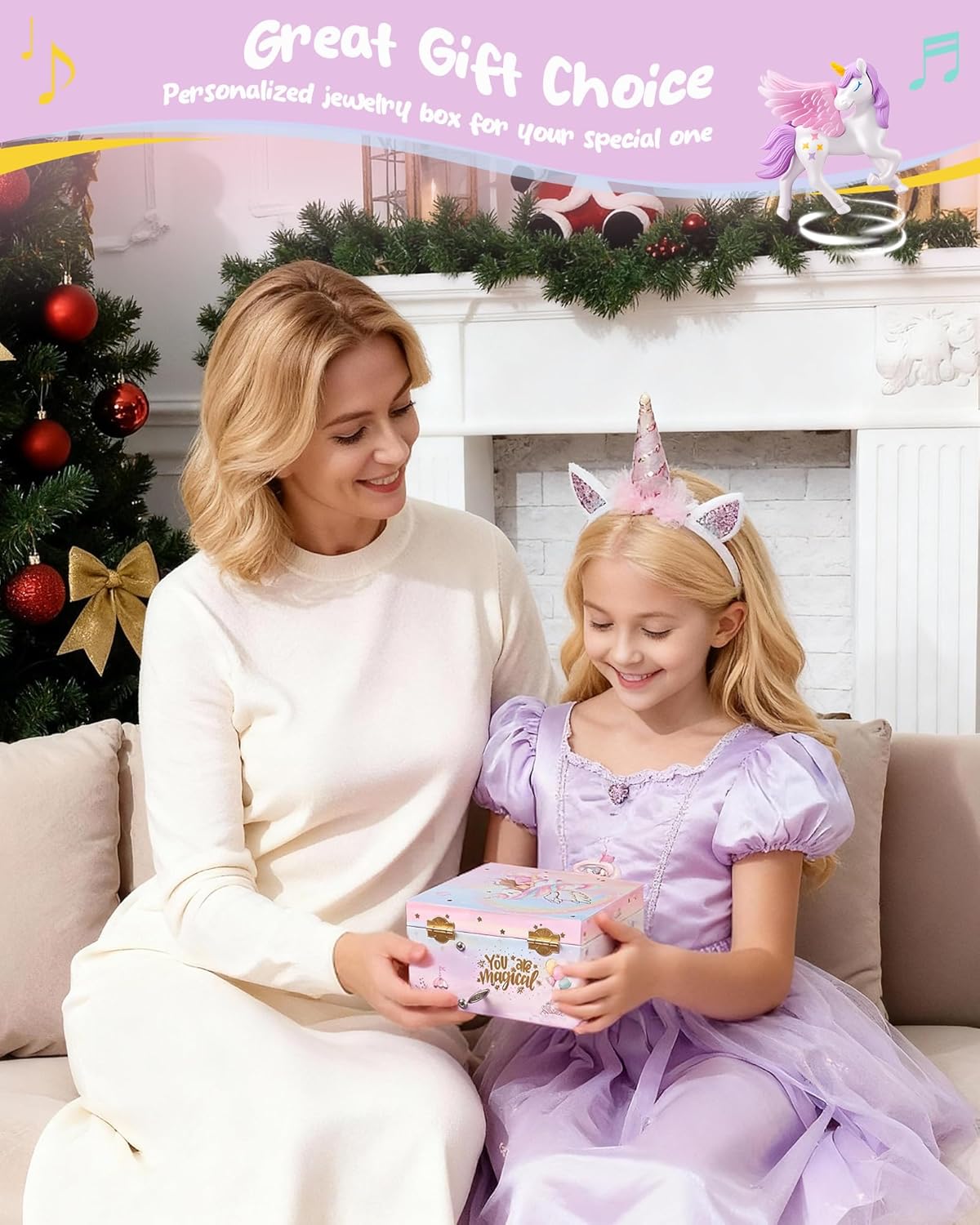 Lolalet Unicorn Jewelry Box for Girls, Kids Initial Musical Jewelry Organizer with Spinning Doll, Personalized Birthday Gifts for Little Girls Children Toddler Ages 3 4 5 6 7 8 - Letter A - 5