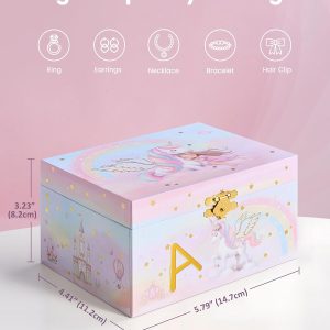 Lolalet Unicorn Jewelry Box for Girls, Kids Initial Musical Jewelry Organizer with Spinning Doll, Personalized Birthday Gifts for Little Girls Children Toddler Ages 3 4 5 6 7 8 - Letter A - 6