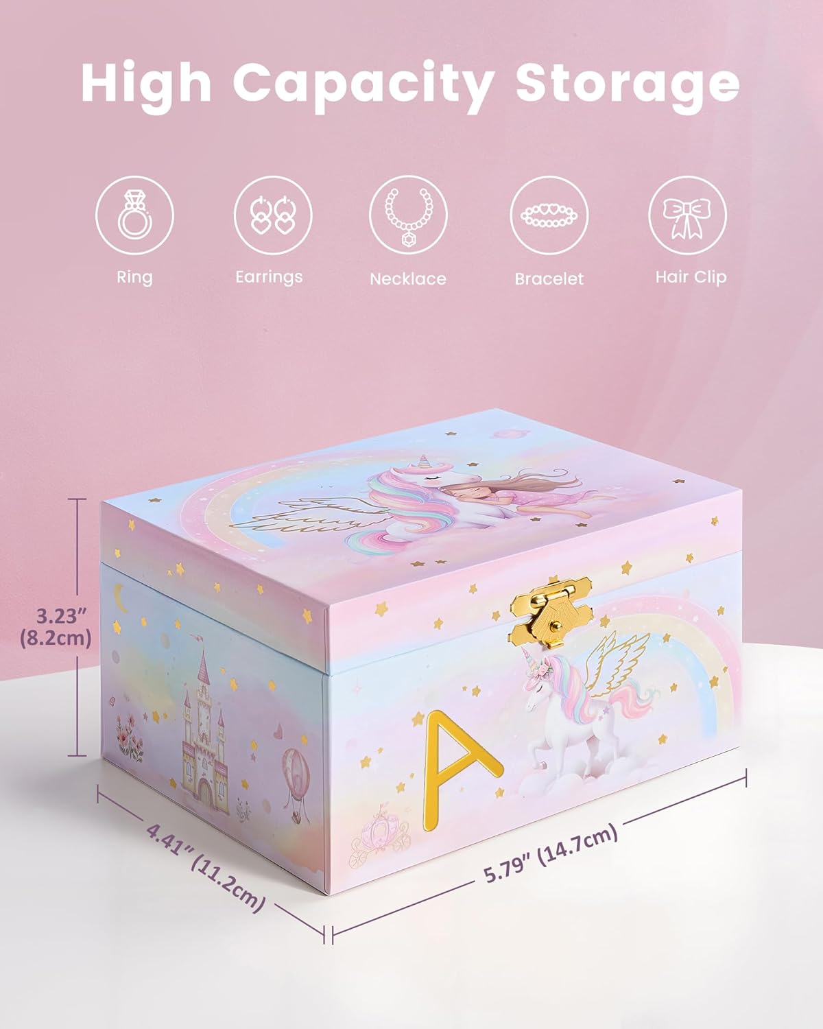 Lolalet Unicorn Jewelry Box for Girls, Kids Initial Musical Jewelry Organizer with Spinning Doll, Personalized Birthday Gifts for Little Girls Children Toddler Ages 3 4 5 6 7 8 - Letter A - 6