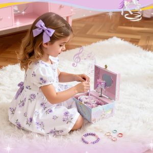 Lolalet Unicorn Jewelry Box for Girls, Kids Initial Musical Jewelry Organizer with Spinning Doll, Personalized Birthday Gifts for Little Girls Children Toddler Ages 3 4 5 6 7 8 - Letter A - 7