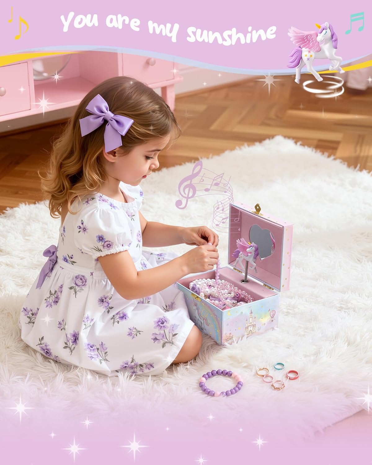 Lolalet Unicorn Jewelry Box for Girls, Kids Initial Musical Jewelry Organizer with Spinning Doll, Personalized Birthday Gifts for Little Girls Children Toddler Ages 3 4 5 6 7 8 - Letter A - 7