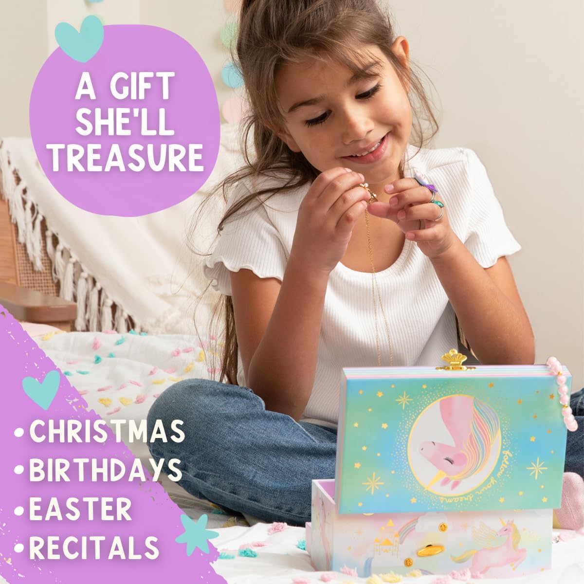Musical Unicorn Kids Jewelry Box - Girls Jewelry Box with Mirror, Unicorn Gifts for Little Girls, Unicorn Toys for Girls Age 4-6 - 4