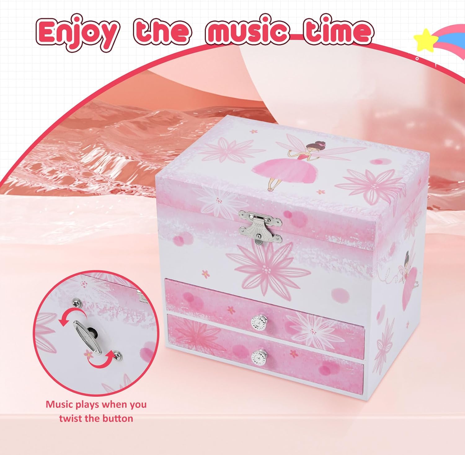 TAOPU Musical Jewellery Box for Girls with 2 Drawers, Kids Toys Music Box with Spinning Ballerina,Girls Gift for 3-12 Years Old Jewel Storage Box - 6