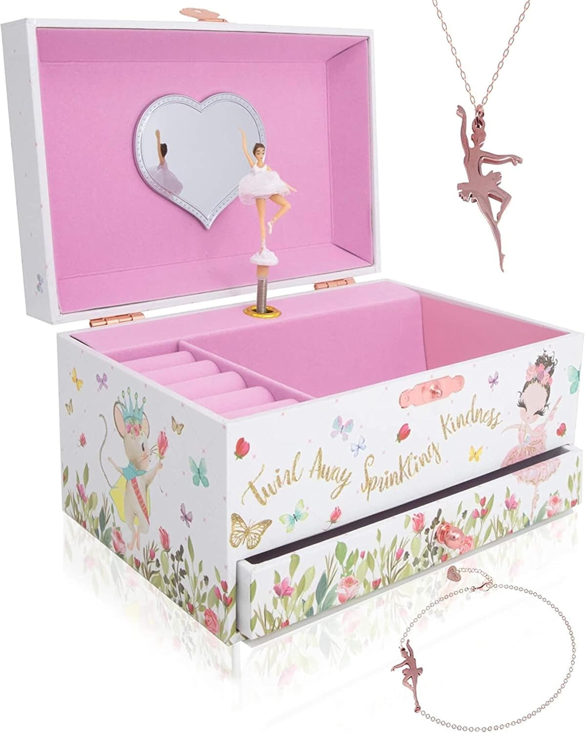 The Memory Building Co Ballerina Musical Jewelry Box Plays Classic Melody, Storage Organizer Music Box for Kids Ages 6-12, MDF Wood w- 2 Fabric Lined Ring Bracelet Necklace Treasure Compartments - 1