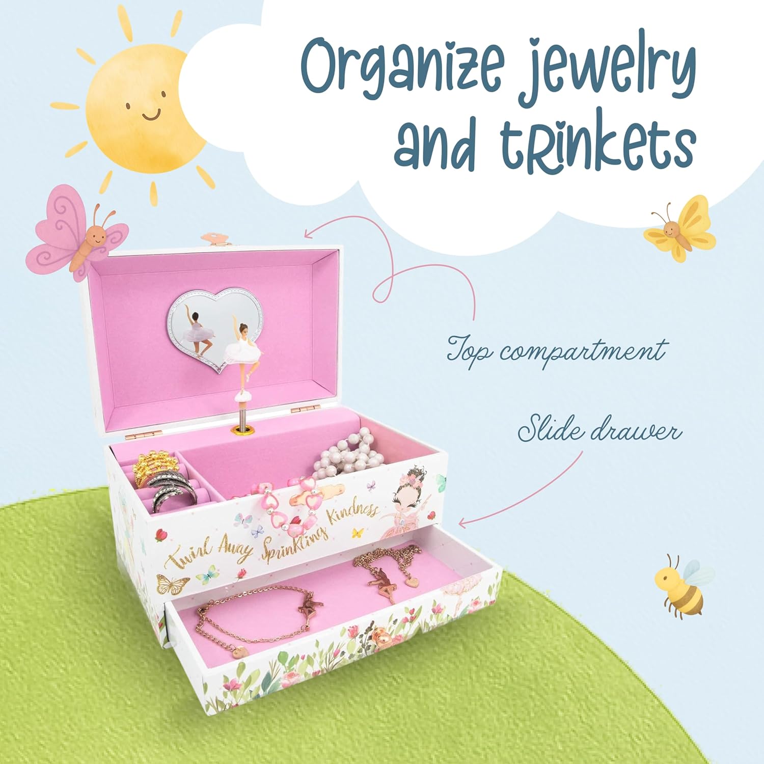 The Memory Building Co Ballerina Musical Jewelry Box Plays Classic Melody, Storage Organizer Music Box for Kids Ages 6-12, MDF Wood w/ 2 Fabric Lined Ring Bracelet Necklace Treasure Compartments - Image 8