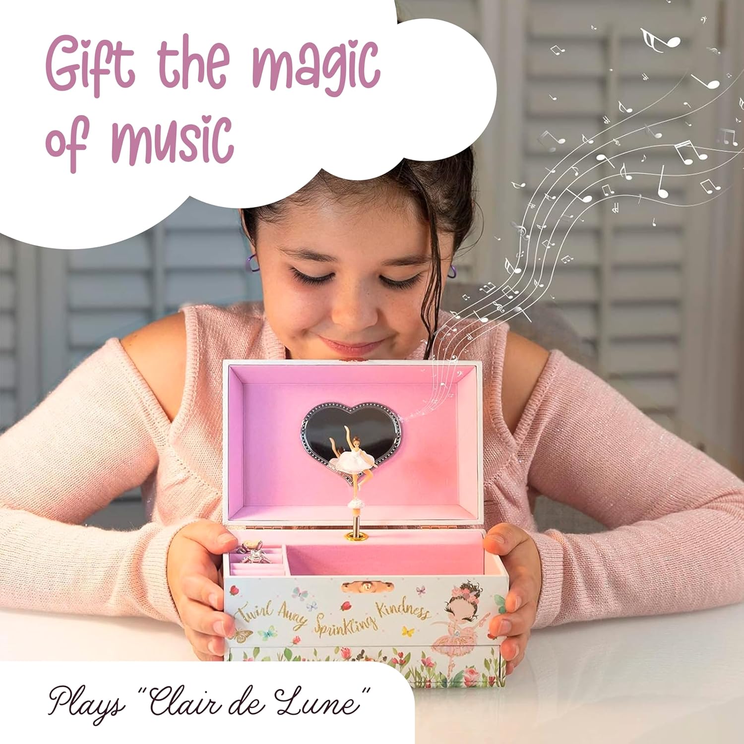 The Memory Building Co Ballerina Musical Jewelry Box Plays Classic Melody, Storage Organizer Music Box for Kids Ages 6-12, MDF Wood w- 2 Fabric Lined Ring Bracelet Necklace Treasure Compartments - 3