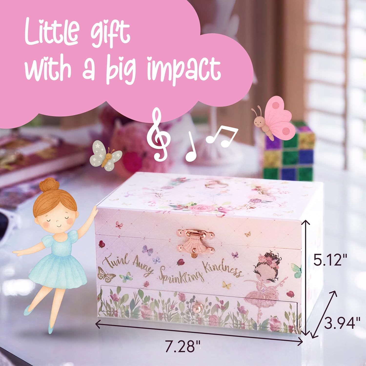 The Memory Building Co Ballerina Musical Jewelry Box Plays Classic Melody, Storage Organizer Music Box for Kids Ages 6-12, MDF Wood w- 2 Fabric Lined Ring Bracelet Necklace Treasure Compartments - 4
