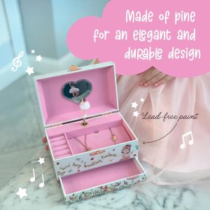 The Memory Building Co Ballerina Musical Jewelry Box Plays Classic Melody, Storage Organizer Music Box for Kids Ages 6-12, MDF Wood w- 2 Fabric Lined Ring Bracelet Necklace Treasure Compartments - 5