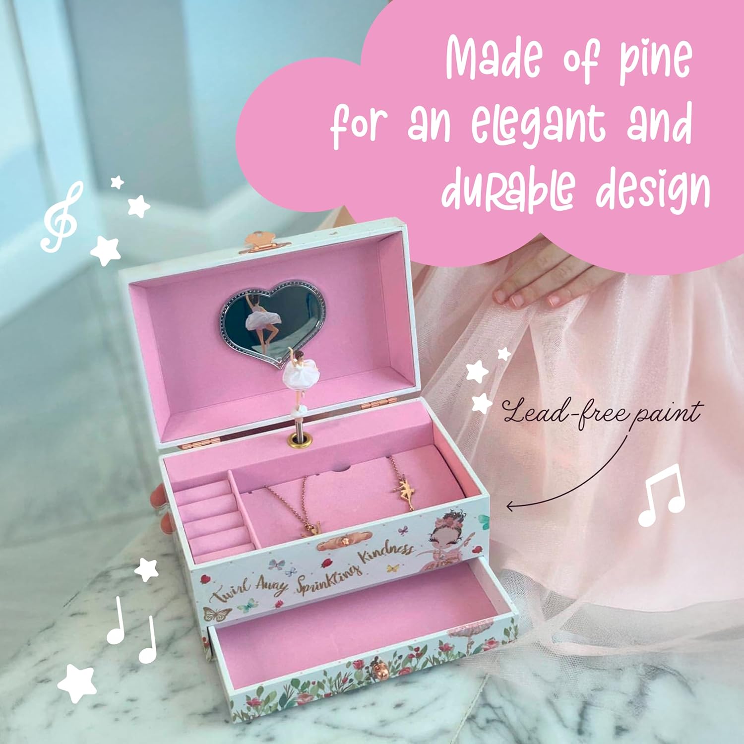 The Memory Building Co Ballerina Musical Jewelry Box Plays Classic Melody, Storage Organizer Music Box for Kids Ages 6-12, MDF Wood w- 2 Fabric Lined Ring Bracelet Necklace Treasure Compartments - 5