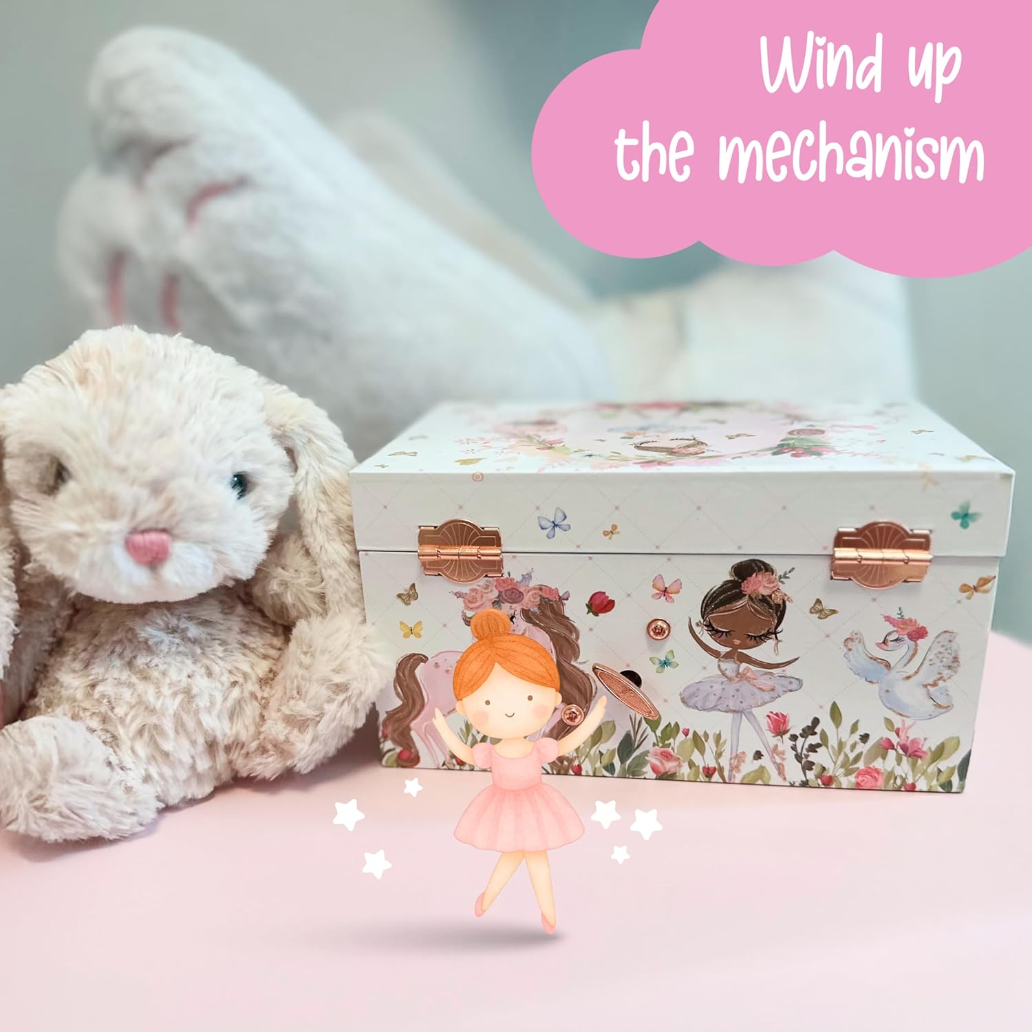 The Memory Building Co Ballerina Musical Jewelry Box Plays Classic Melody, Storage Organizer Music Box for Kids Ages 6-12, MDF Wood w- 2 Fabric Lined Ring Bracelet Necklace Treasure Compartments - 6