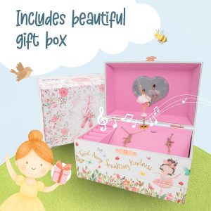 The Memory Building Co Ballerina Musical Jewelry Box Plays Classic Melody, Storage Organizer Music Box for Kids Ages 6-12, MDF Wood w- 2 Fabric Lined Ring Bracelet Necklace Treasure Compartments - 7