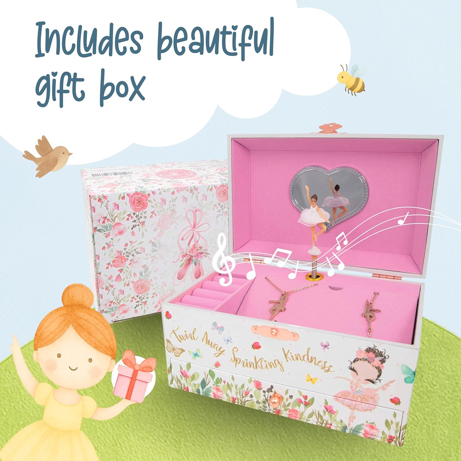 The Memory Building Co Ballerina Musical Jewelry Box Plays Classic Melody, Storage Organizer Music Box for Kids Ages 6-12, MDF Wood w- 2 Fabric Lined Ring Bracelet Necklace Treasure Compartments - 7