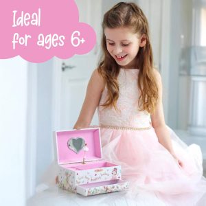 The Memory Building Co Ballerina Musical Jewelry Box Plays Classic Melody, Storage Organizer Music Box for Kids Ages 6-12, MDF Wood w- 2 Fabric Lined Ring Bracelet Necklace Treasure Compartments - 8