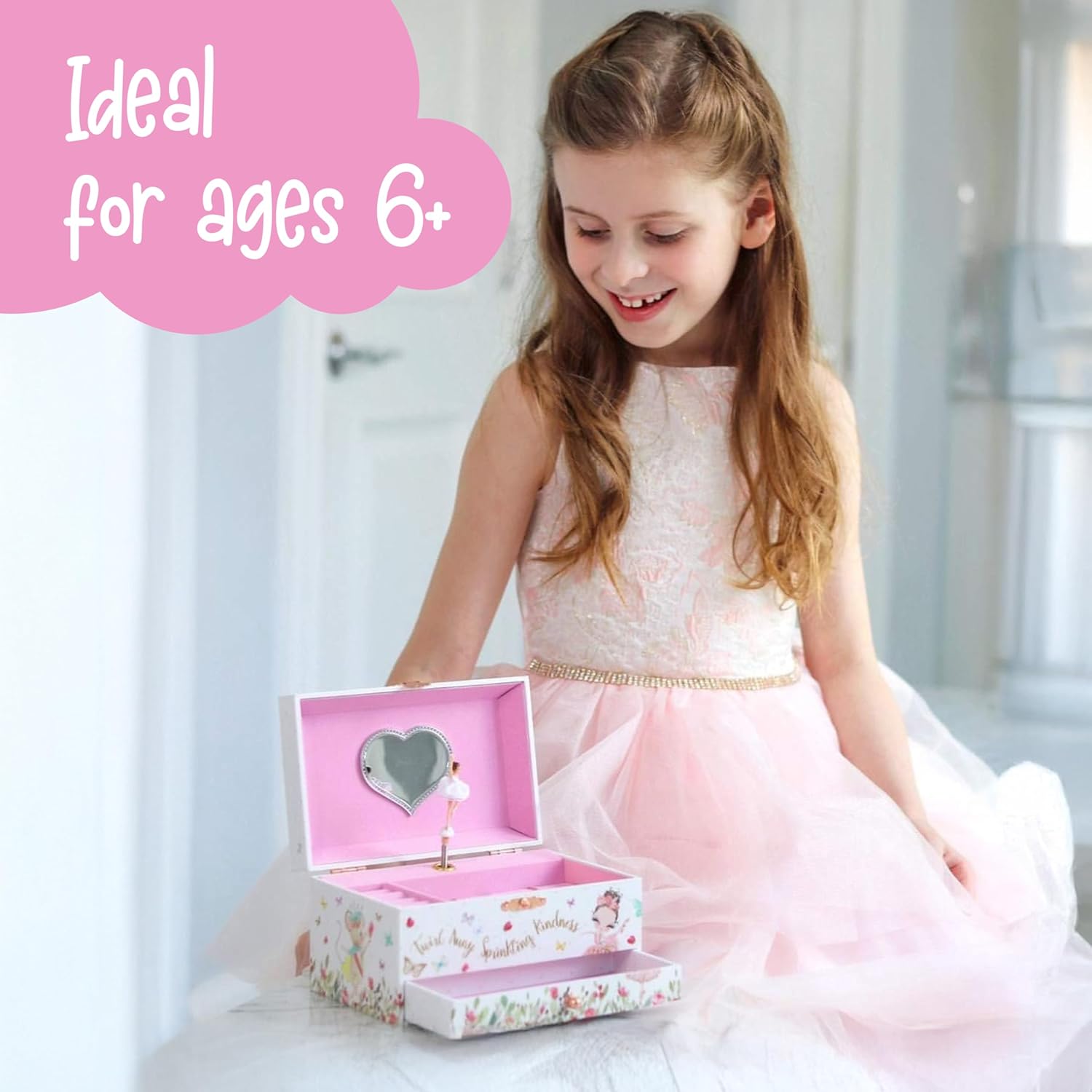 The Memory Building Co Ballerina Musical Jewelry Box Plays Classic Melody, Storage Organizer Music Box for Kids Ages 6-12, MDF Wood w- 2 Fabric Lined Ring Bracelet Necklace Treasure Compartments - 8