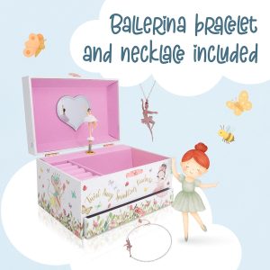 The Memory Building Co Ballerina Musical Jewelry Box Plays Classic Melody, Storage Organizer Music Box for Kids Ages 6-12, MDF Wood w- 2 Fabric Lined Ring Bracelet Necklace Treasure Compartments - 9