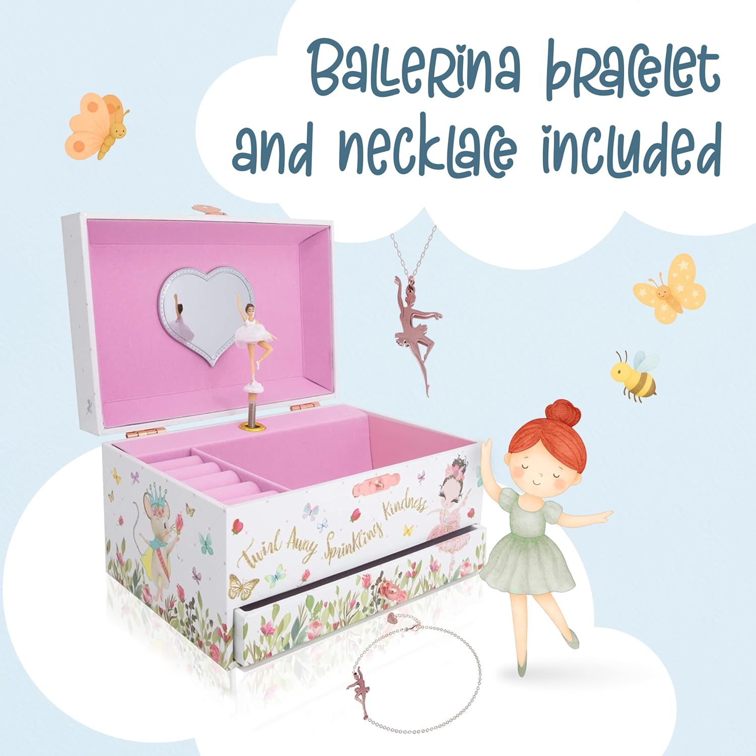 The Memory Building Co Ballerina Musical Jewelry Box Plays Classic Melody, Storage Organizer Music Box for Kids Ages 6-12, MDF Wood w- 2 Fabric Lined Ring Bracelet Necklace Treasure Compartments - 9