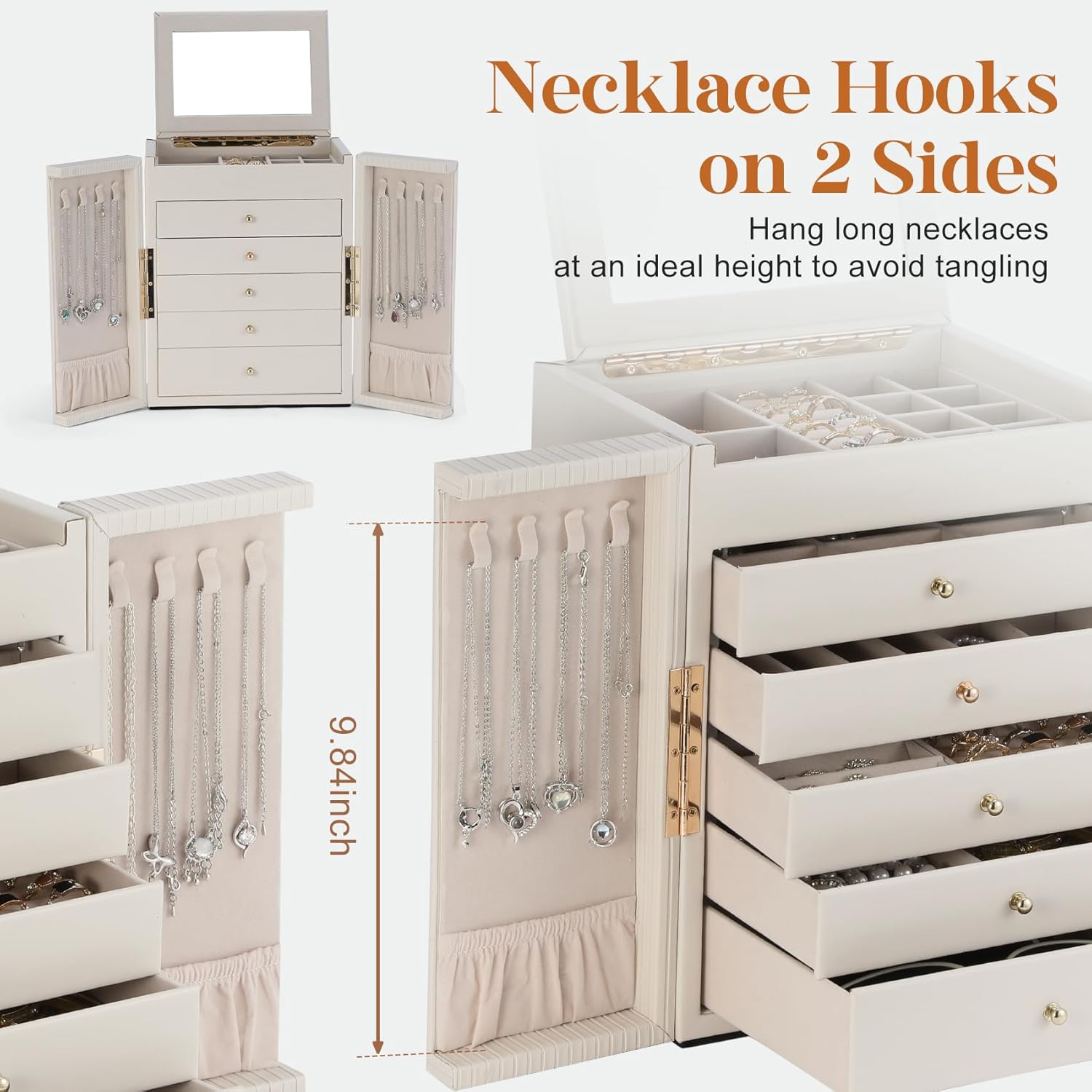 Dajasan Large Jewelry Organizer Box, Jewelry Boxes for Women Girls, 6-Tier Jewelry Storage Organizer with Mirror for Necklace Ring Bracelet Watch, Gift Idea - 2