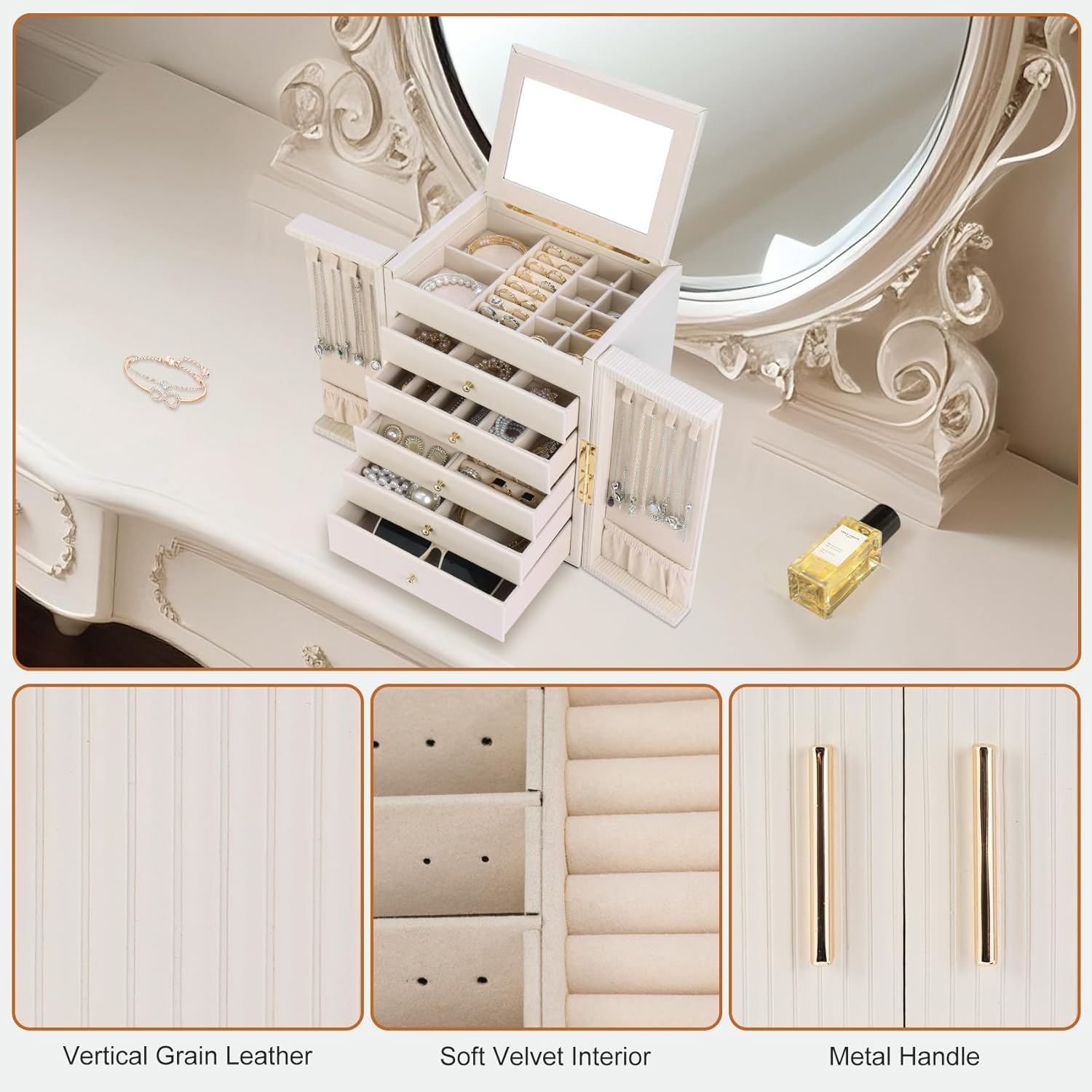 Dajasan Large Jewelry Organizer Box, Jewelry Boxes for Women Girls, 6-Tier Jewelry Storage Organizer with Mirror for Necklace Ring Bracelet Watch, Gift Idea - 5