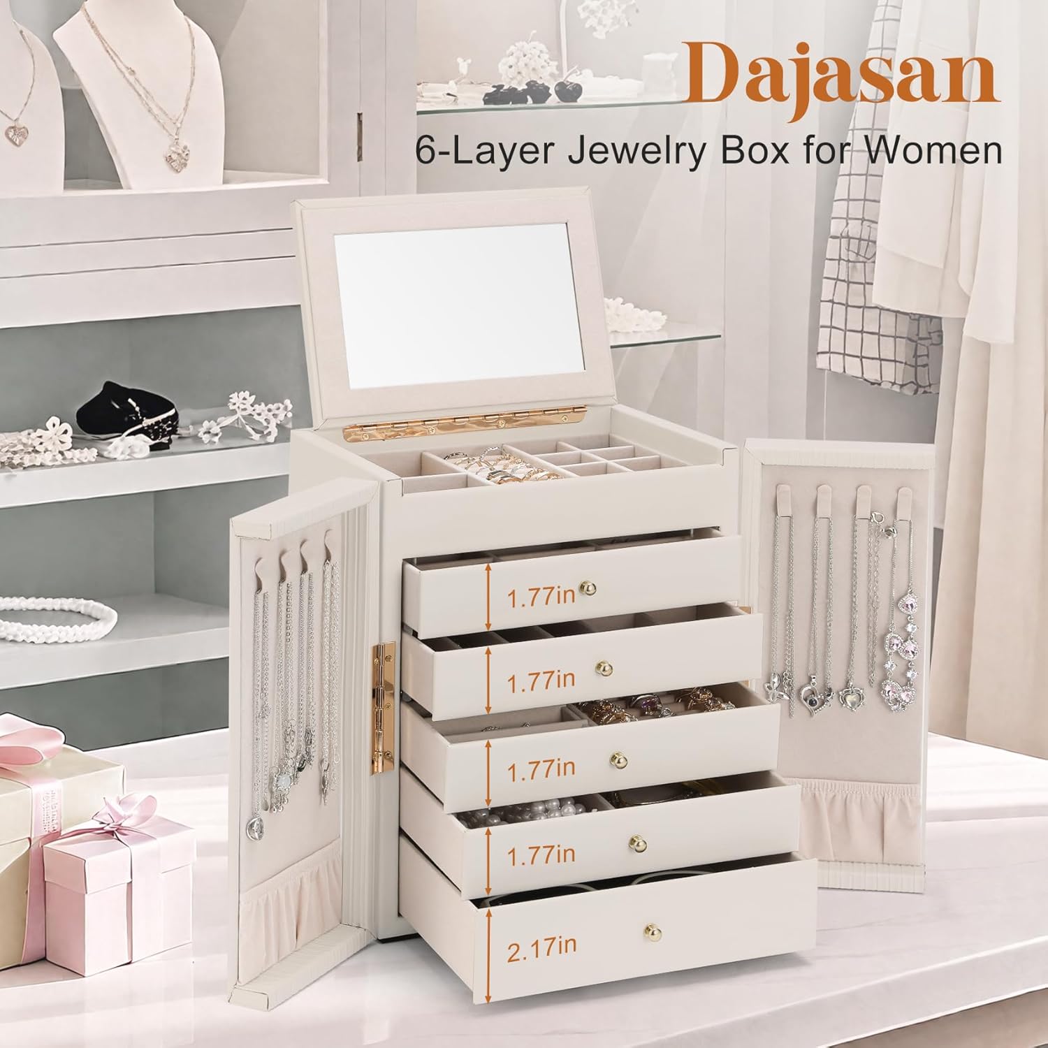 Dajasan Large Jewelry Organizer Box, Jewelry Boxes for Women Girls, 6-Tier Jewelry Storage Organizer with Mirror for Necklace Ring Bracelet Watch, Gift Idea - 7