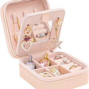 KElofoN Travel jewelry case Travel jewelry box Travel Jewelry Organizer Small box Gift for Girls Women with Mirror(Pink) - 1