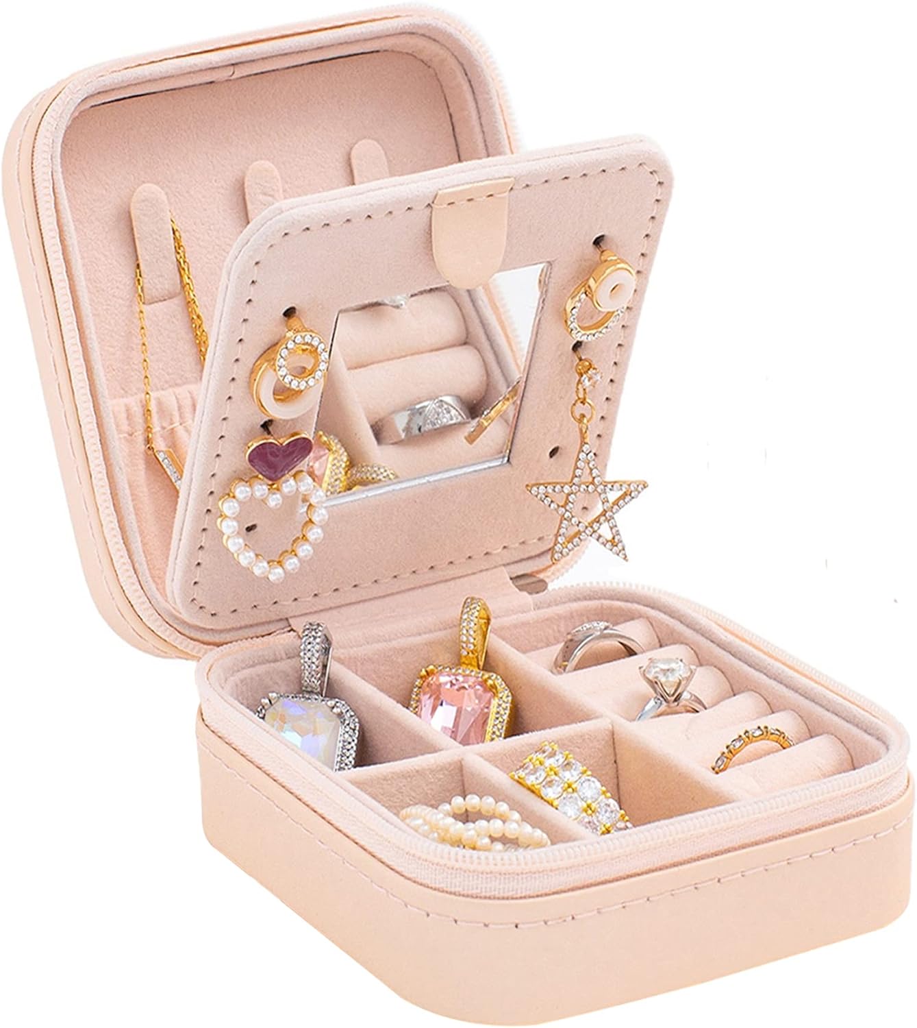 KElofoN Travel jewelry case Travel jewelry box Travel Jewelry Organizer Small box Gift for Girls Women with Mirror(Pink) - 1