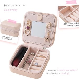 KElofoN Travel jewelry case Travel jewelry box Travel Jewelry Organizer Small box Gift for Girls Women with Mirror(Pink) - 3