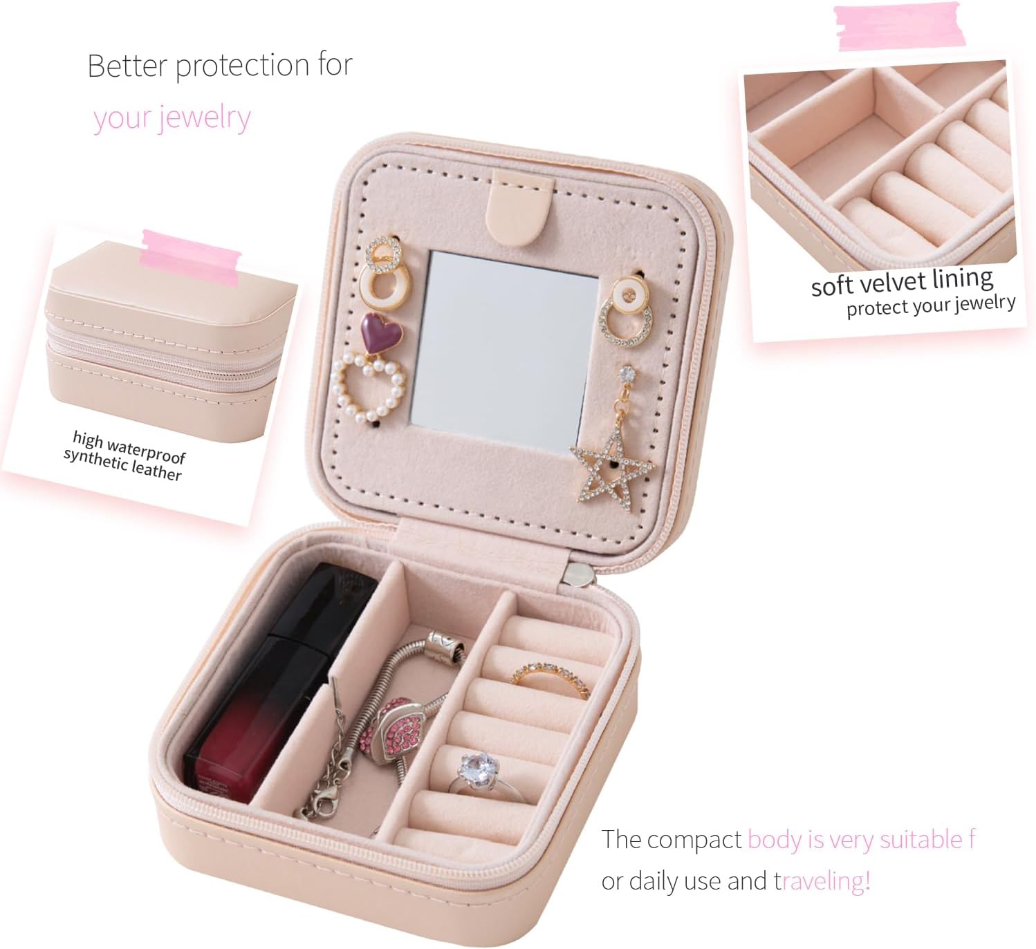 KElofoN Travel jewelry case Travel jewelry box Travel Jewelry Organizer Small box Gift for Girls Women with Mirror(Pink) - 3