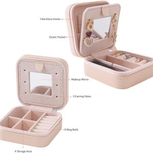 KElofoN Travel jewelry case Travel jewelry box Travel Jewelry Organizer Small box Gift for Girls Women with Mirror(Pink) - 4