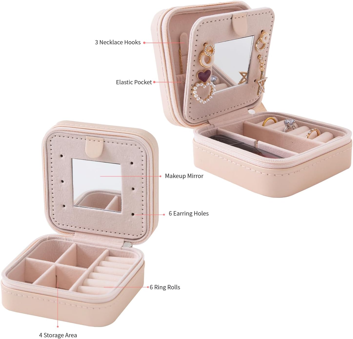 KElofoN Travel jewelry case Travel jewelry box Travel Jewelry Organizer Small box Gift for Girls Women with Mirror(Pink) - 4