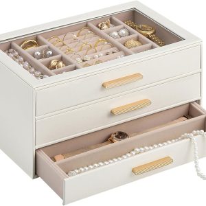 Lolalet Jewelry Box Organizer, 3-Layer Jewelry Organizers and Storage Case with Glass Lid, Ring Earring Bracelet Necklace Holder Organizer, Birthday Valentine Gifts for Women Girls - 1