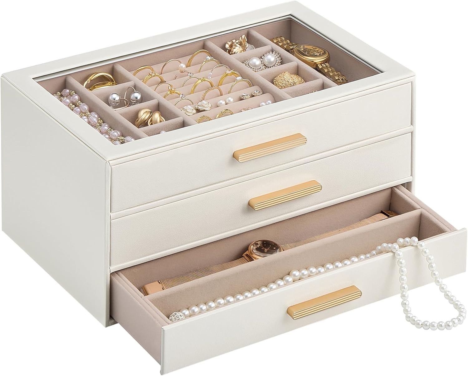 Lolalet Jewelry Box Organizer, 3-Layer Jewelry Organizers and Storage Case with Glass Lid, Ring Earring Bracelet Necklace Holder Organizer, Birthday Valentine Gifts for Women Girls - 1