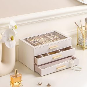 Lolalet Jewelry Box Organizer, 3-Layer Jewelry Organizers and Storage Case with Glass Lid, Ring Earring Bracelet Necklace Holder Organizer, Birthday Valentine Gifts for Women Girls - 2