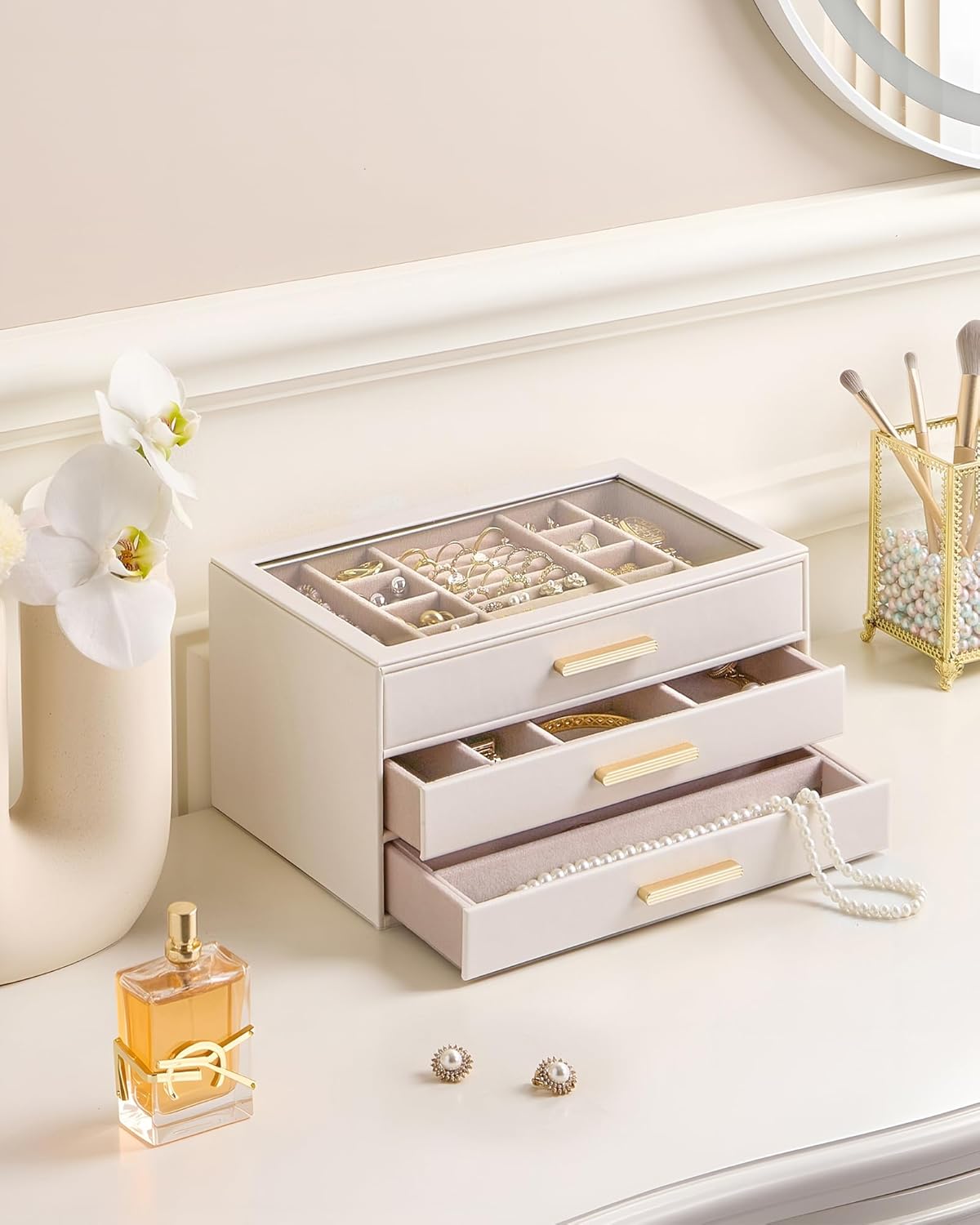 Lolalet Jewelry Box Organizer, 3-Layer Jewelry Organizers and Storage Case with Glass Lid, Ring Earring Bracelet Necklace Holder Organizer, Birthday Valentine Gifts for Women Girls - 2