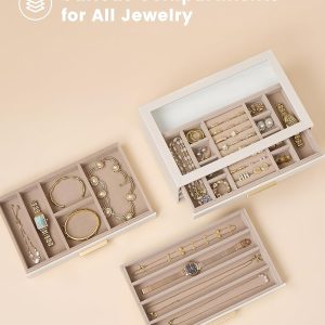 Lolalet Jewelry Box Organizer, 3-Layer Jewelry Organizers and Storage Case with Glass Lid, Ring Earring Bracelet Necklace Holder Organizer, Birthday Valentine Gifts for Women Girls - 3