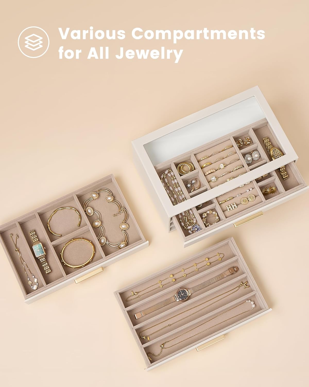 Lolalet Jewelry Box Organizer, 3-Layer Jewelry Organizers and Storage Case with Glass Lid, Ring Earring Bracelet Necklace Holder Organizer, Birthday Valentine Gifts for Women Girls - 3