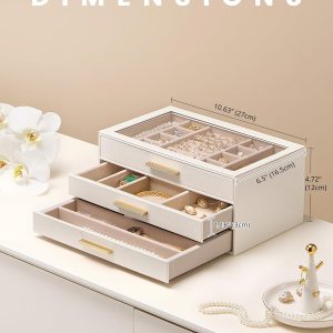 Lolalet Jewelry Box Organizer, 3-Layer Jewelry Organizers and Storage Case with Glass Lid, Ring Earring Bracelet Necklace Holder Organizer, Birthday Valentine Gifts for Women Girls - 4