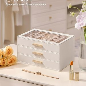 Lolalet Jewelry Box Organizer, 3-Layer Jewelry Organizers and Storage Case with Glass Lid, Ring Earring Bracelet Necklace Holder Organizer, Birthday Valentine Gifts for Women Girls - 6