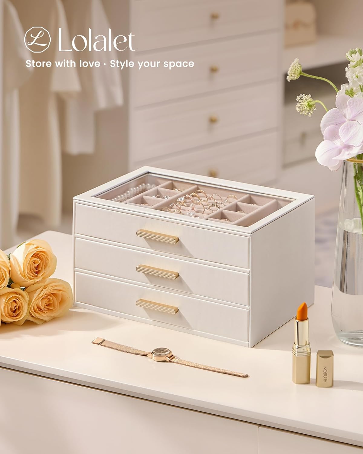 Lolalet Jewelry Box Organizer, 3-Layer Jewelry Organizers and Storage Case with Glass Lid, Ring Earring Bracelet Necklace Holder Organizer, Birthday Valentine Gifts for Women Girls - 6