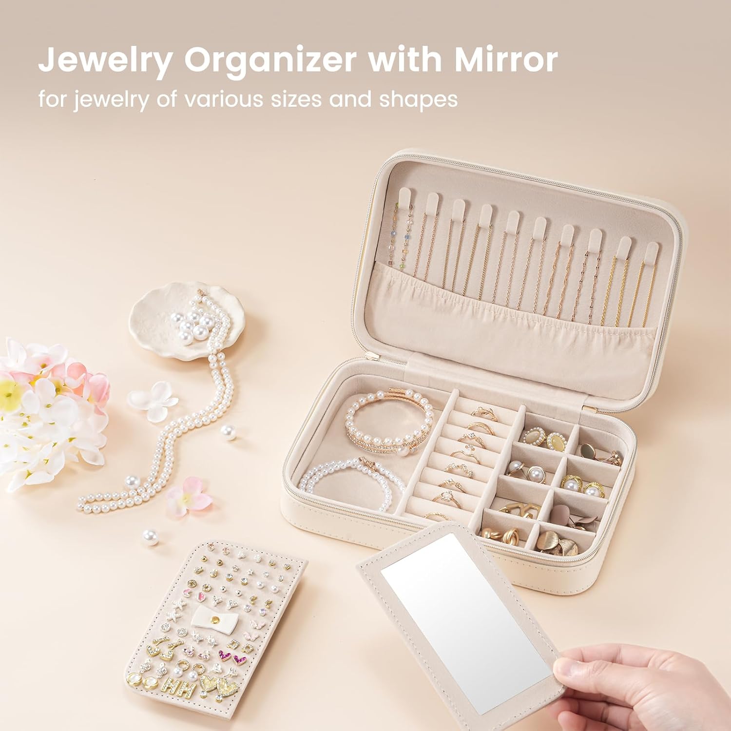 Lolalet Travel Jewelry Case for Women Girls, Travel Jewelry Organizer Box with Mirror & Clear Storage Bag, Small Portable Earring Necklace Bracelet Ring Case, Birthday Valentine Gifts - 2