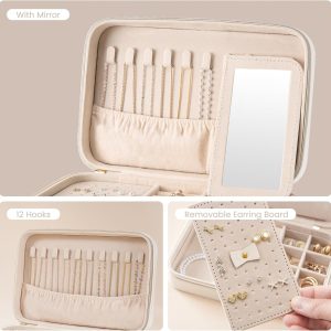 Lolalet Travel Jewelry Case for Women Girls, Travel Jewelry Organizer Box with Mirror & Clear Storage Bag, Small Portable Earring Necklace Bracelet Ring Case, Birthday Valentine Gifts - 5