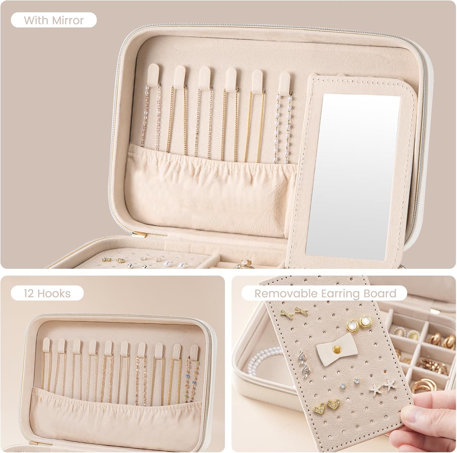 Lolalet Travel Jewelry Case for Women Girls, Travel Jewelry Organizer Box with Mirror & Clear Storage Bag, Small Portable Earring Necklace Bracelet Ring Case, Birthday Valentine Gifts - 5