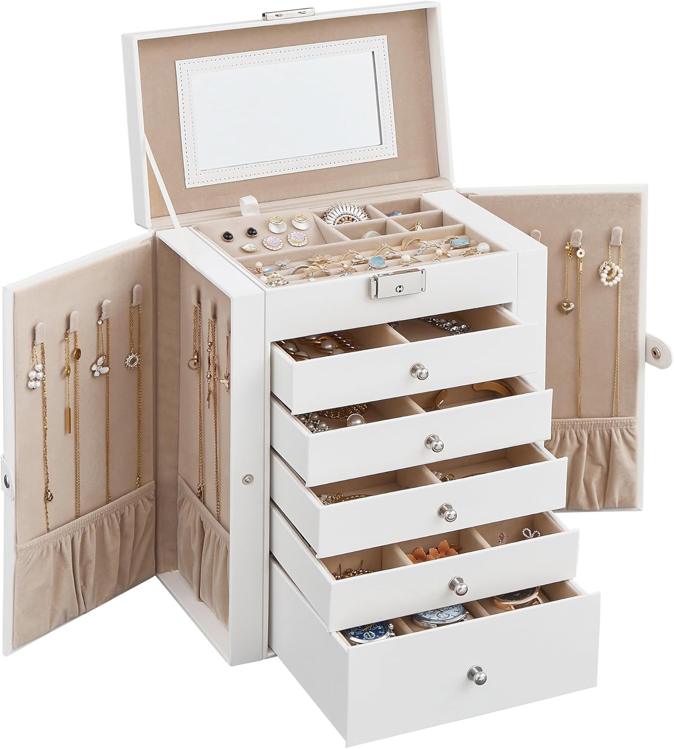 SONGMICS 6-Layer Jewelry Box Organizer with 5 Drawers, Jewelry Storage Case with Lock and Mirror, Large Storage Capacity, Gift for Loved Ones, for Necklaces, Watches - 1