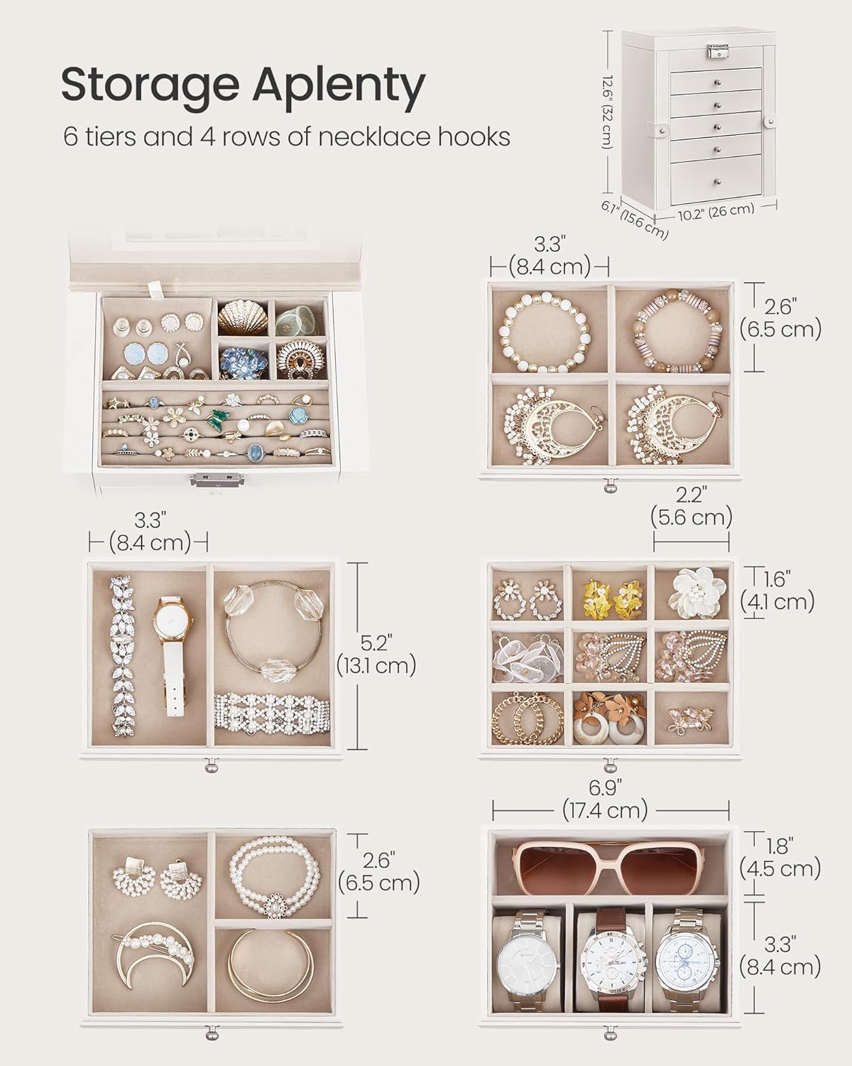 SONGMICS 6-Layer Jewelry Box Organizer with 5 Drawers, Jewelry Storage Case with Lock and Mirror, Large Storage Capacity, Gift for Loved Ones, for Necklaces, Watches - 3