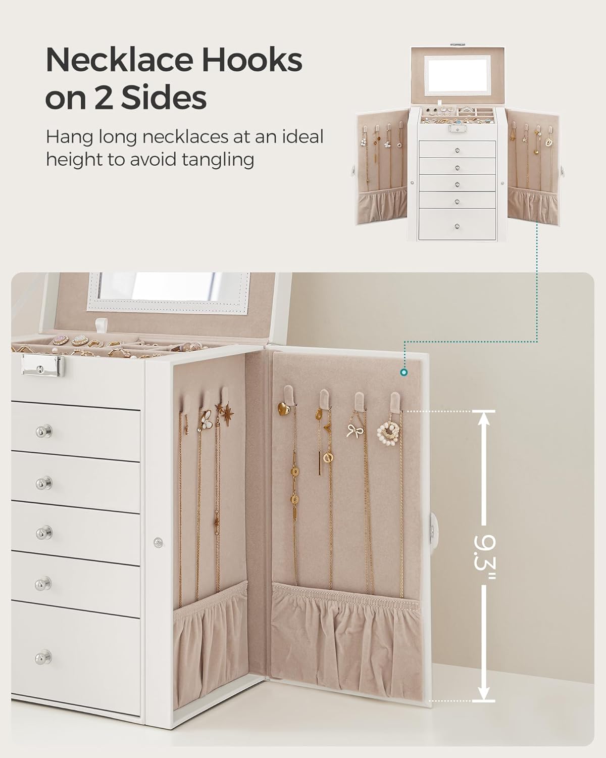 SONGMICS 6-Layer Jewelry Box Organizer with 5 Drawers, Jewelry Storage Case with Lock and Mirror, Large Storage Capacity, Gift for Loved Ones, for Necklaces, Watches - 4